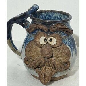 Robert Eakin Ugly face funny face pottery mug Big Mustache & Eyebrows
